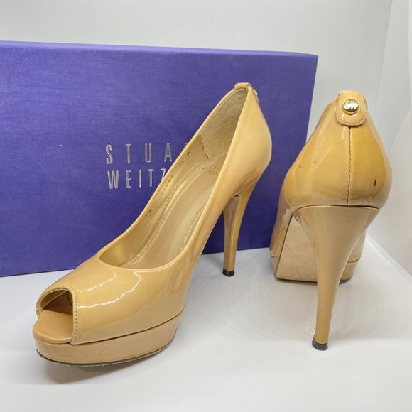 Stuart Weitzman beige platform peep toe pumps heels size 7.5 Nulille Adobe Anili - Picture 1 of 11
